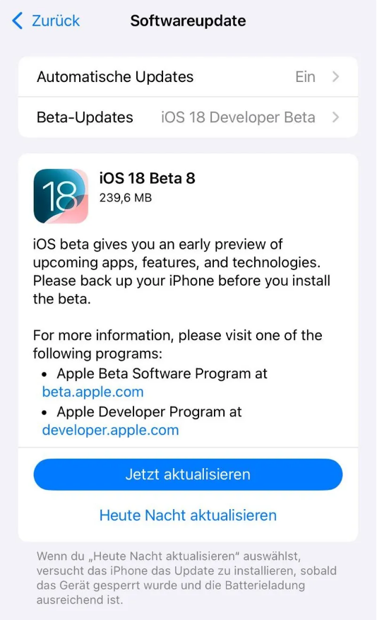 翁田镇苹果手机维修分享苹果 iOS / iPadOS 18 开发者预览版 Beta 8 发布 